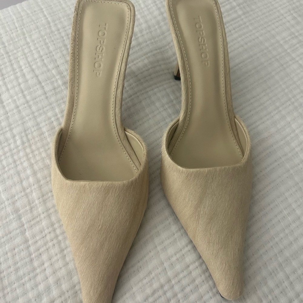 Topshop Alfie real calf hair leather pointed toe mule pumps in off white
